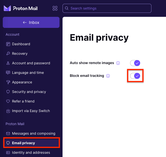 Block email tracking switch