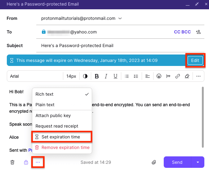 Edit button and Set expiration time menu item to change when a Password-protected Email expires