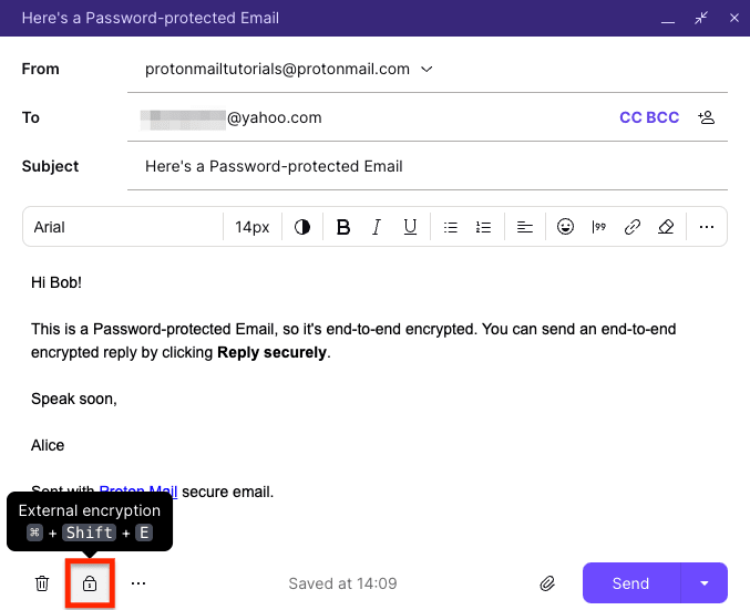 External encryption button to send a password-protected email in Proton Mail